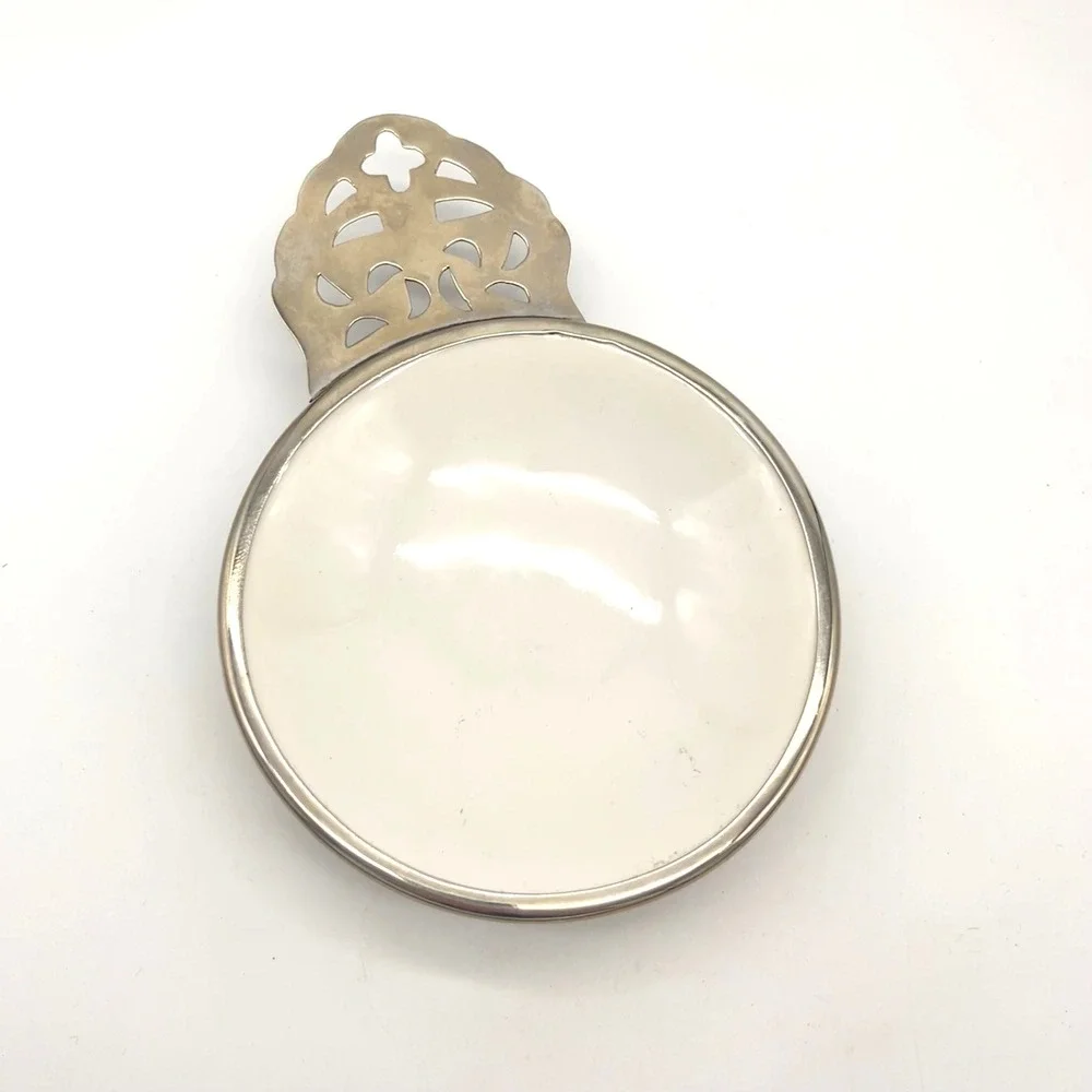 Dupuis Mexico Silver Tone‎ White Ceramic Porringer Small Dish Trinket Tray